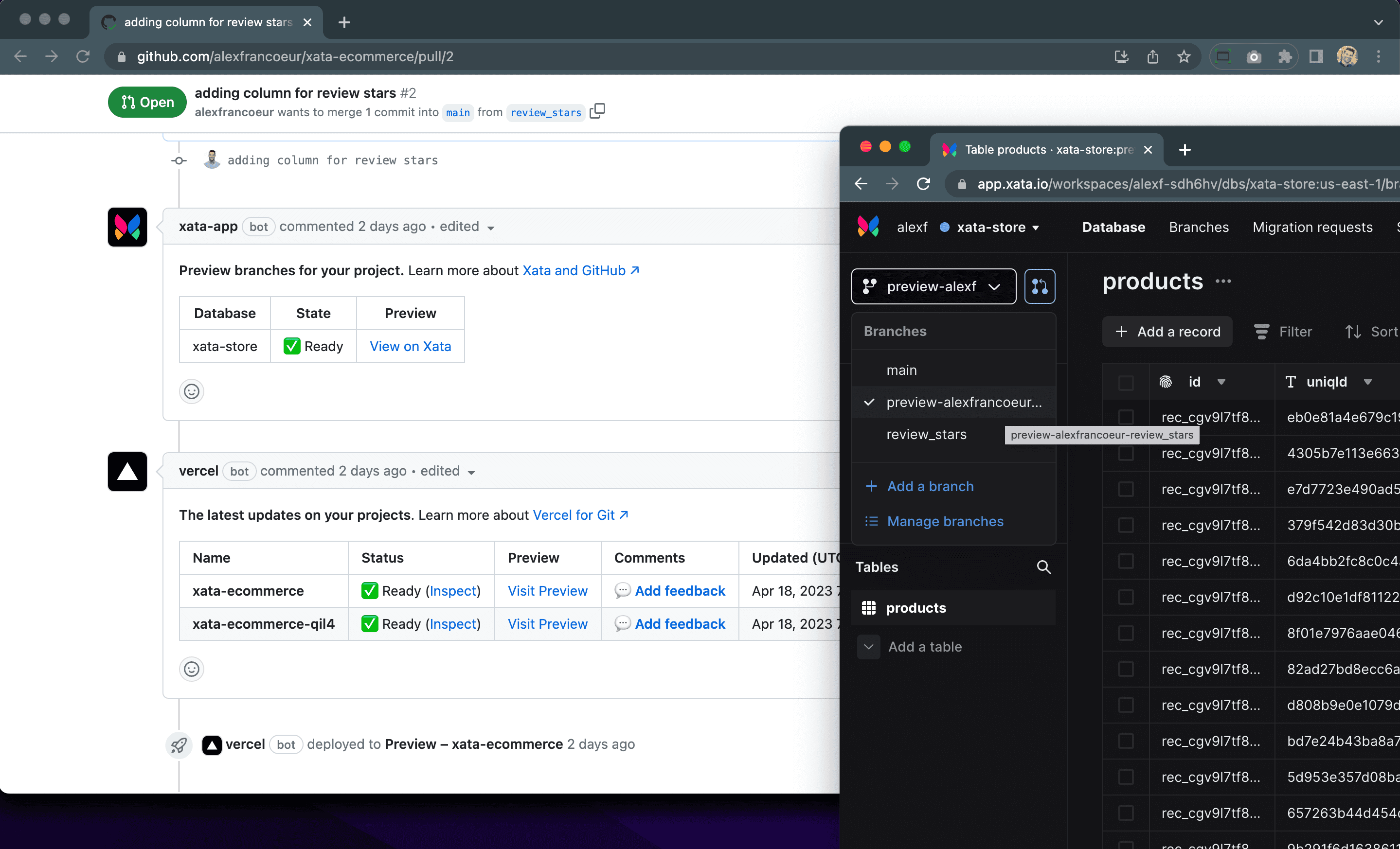 A screenshot of GitHub and Xata representing preview branches